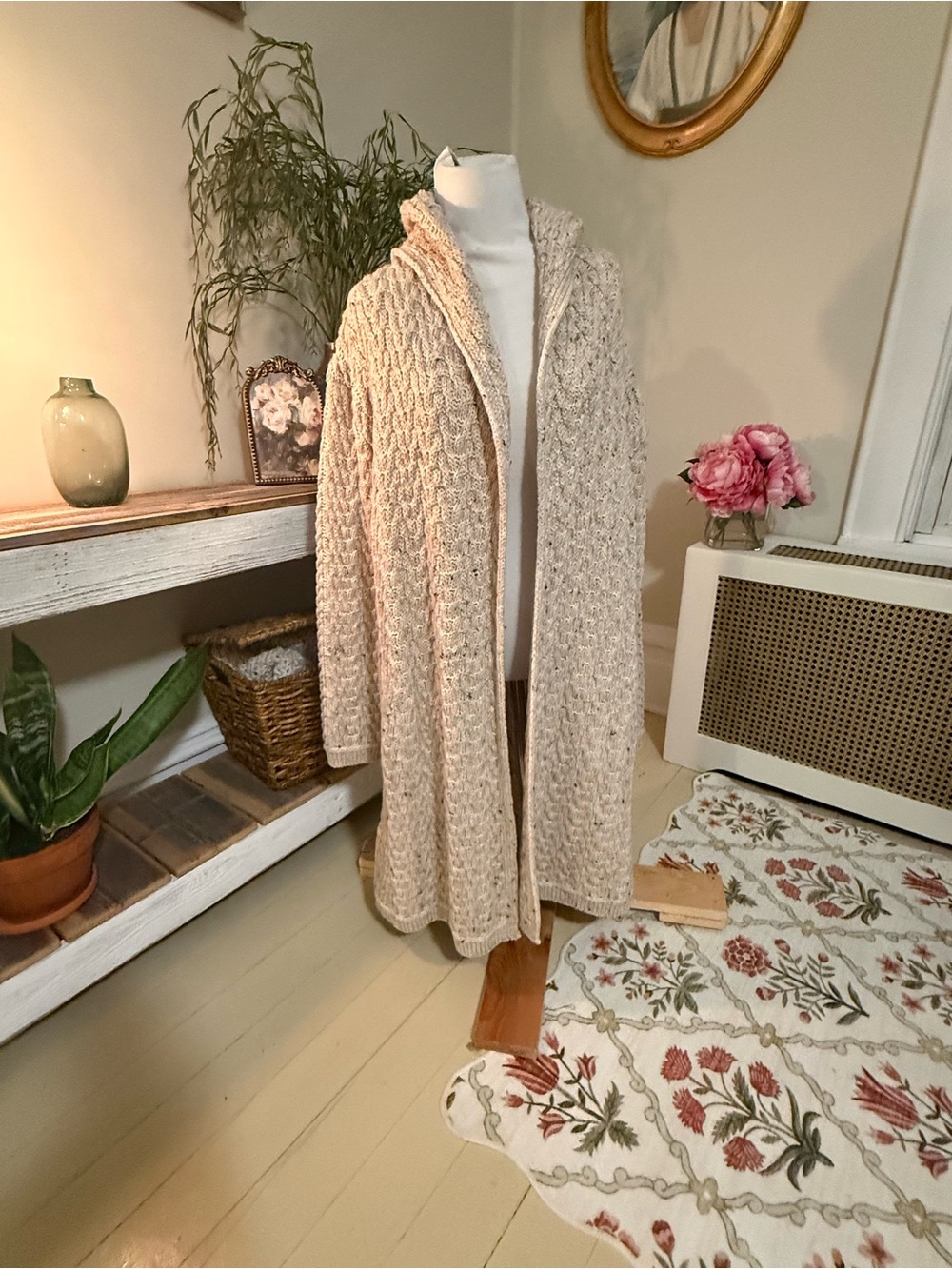 Aran Crafts Ireland 100% Merino Wool Long Hooded Cardigan – Oatmeal – Size L